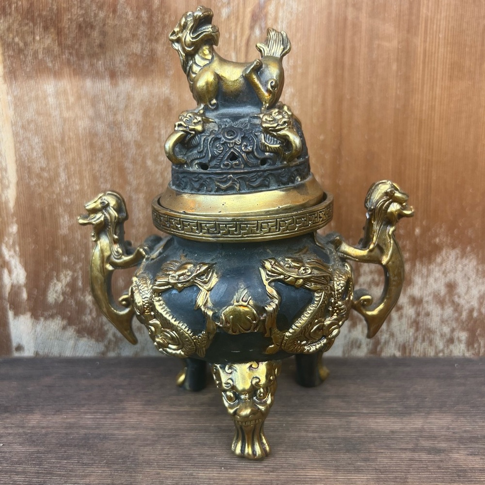 Vintage Brass Dragon Incense Burner – Foo Dog Lid – Collector’s Piece